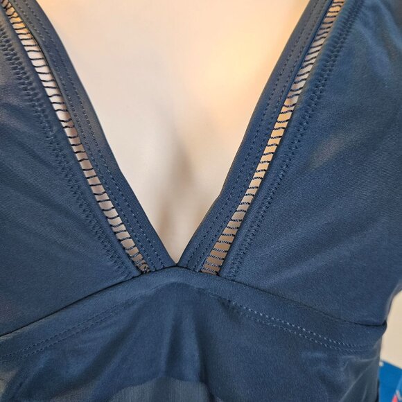 Womens Ruffled Sleeve Teal Blue One-Piece Swimsuit Mesh Paneling Size 16-18 - Picture 3 of 9